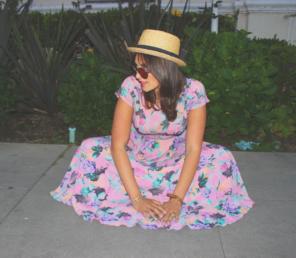 vintage floral dress, glasses and hat 