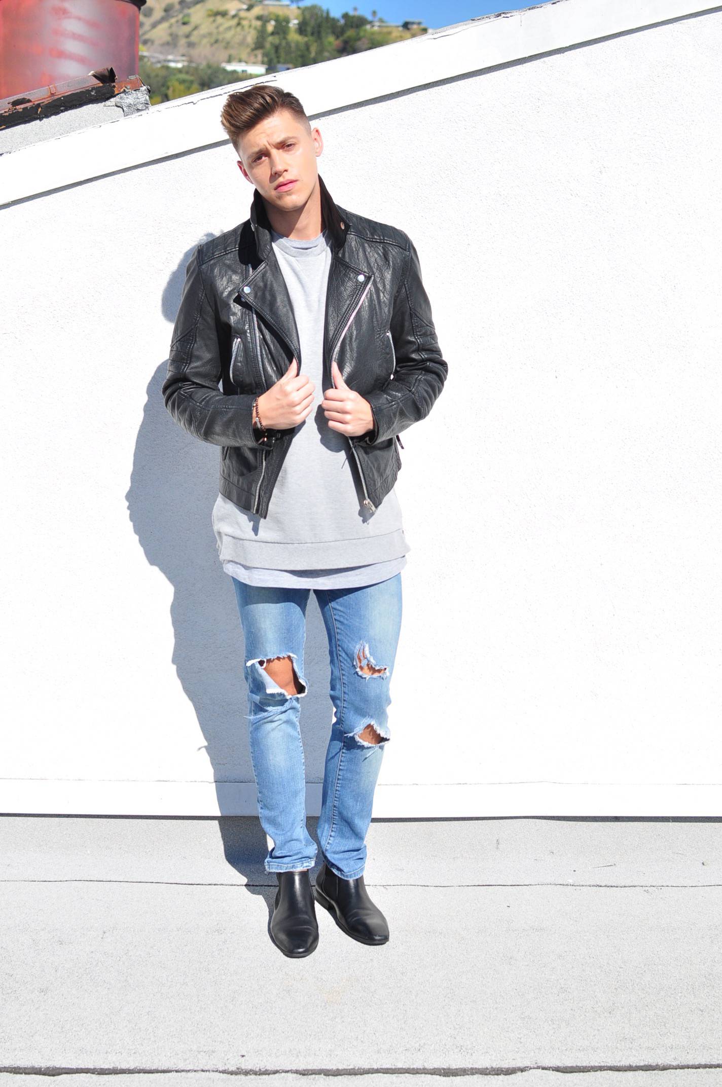 moto jacket, ripped denim and chelsea boots
